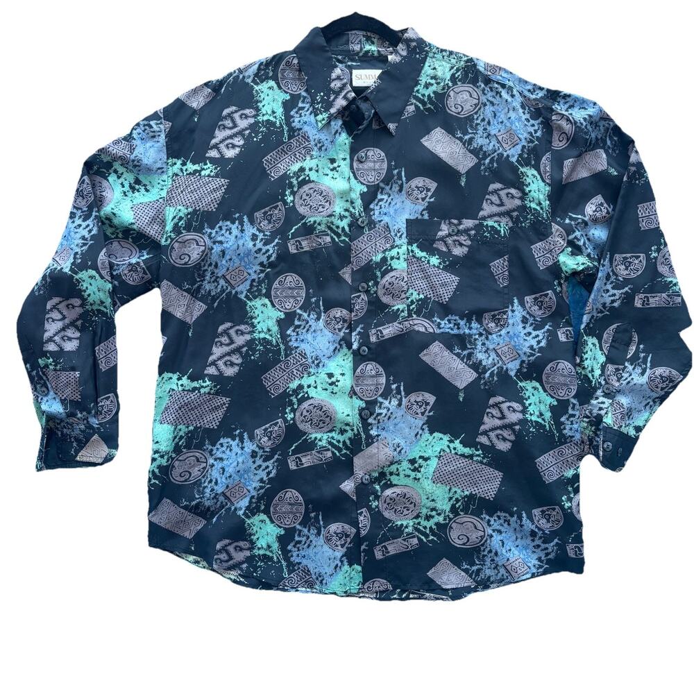 SUMA VTG Retro 90s Silk Shirt Black Purple Blue, Men’s Size Large FLAW